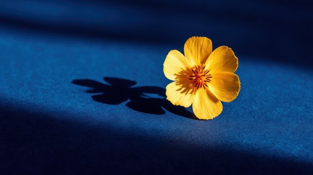 A single yellow flower with a yellow center and a yellow and orange edge, placed on a blue background with a shadow cast by the flower.