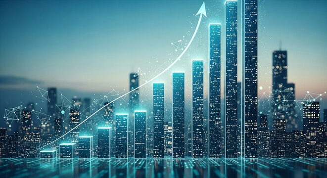Digital Cityscape with Growing Bar Graph and Network Connections - Powered by Adobe