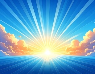 Cartoon sunrise over ocean, with sun rays and clouds painted in blue and orange hues