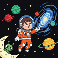 A young astronaut in an orange spacesuit floats in outer space, reaching towards a swirling galaxy, with planets, stars, and a friendly alien on the moon.