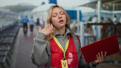 Woman fanning herself on boat deck looking warm wearing red vest with clipboard denoting volunteer status amidst outdoor cruise setting offering assistance elegantly.
