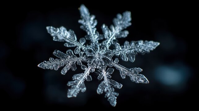 A single snowflake against a black background, with intricate patterns and a shiny, reflective surface.