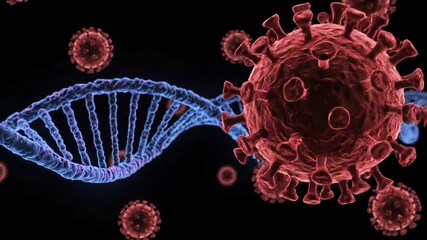 Microscopic view of a DNA helix structure intertwined with numerous red virus particles symbolizing genetic infection and the spread of disease at a molecular level. - Powered by Adobe