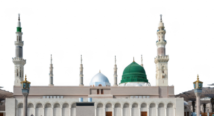 Majestic islamic mosque with green dome and minarets against clear sky isolated on transparent background