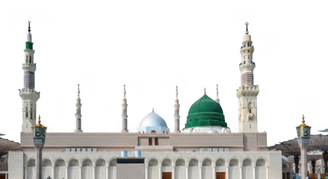 Majestic islamic mosque with green dome and minarets against clear sky isolated on transparent background