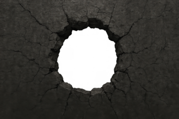 Dark concrete wall breaking with a transparent round hole, showing crack details and grunge texture, breakthrough concept