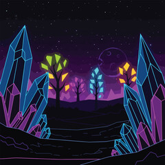 A vibrant and surreal landscape featuring glowing crystals, trees, and a celestial night sky with a moon.