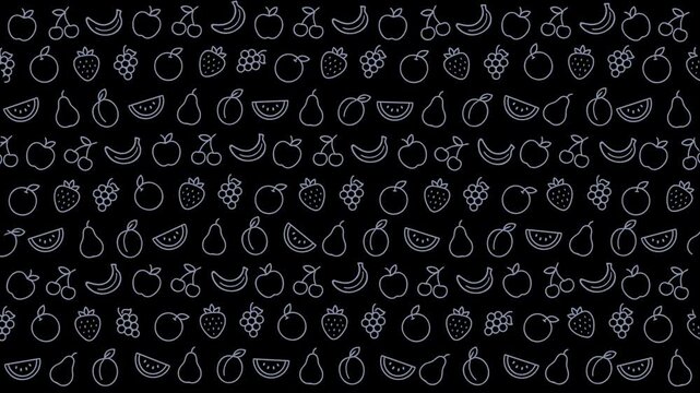 A vibrant line art pattern showcasing various fruits including berries, apples, bananas, and citrus slices, ideal for creative design backgrounds and fresh branding visuals.