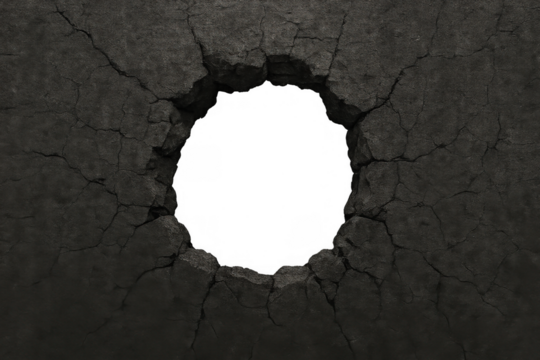 Dark concrete wall breaking with a transparent round hole, showing crack details and grunge texture, breakthrough concept