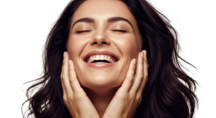 Happy woman with eyes closed and smiling, touching her face, isolated on transparent background
