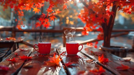 Autumn Table with Steaming Red Cups and Falling Leaves