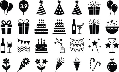 Celebration icons, cakes, balloons, gifts, candles, party hats, cocktails, wine, flowers, candy canes, confetti, festive vector silhouette set