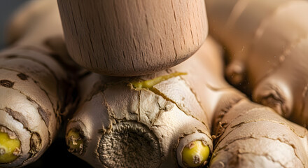 A striking close-up of fresh ginger root being pressed by a rustic wooden tool revealing its textured skin and vibrant yellow core for culinary.