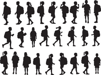 School Children Silhouette Collection – Diverse Kids with Backpacks Walking to School Vector Illustration