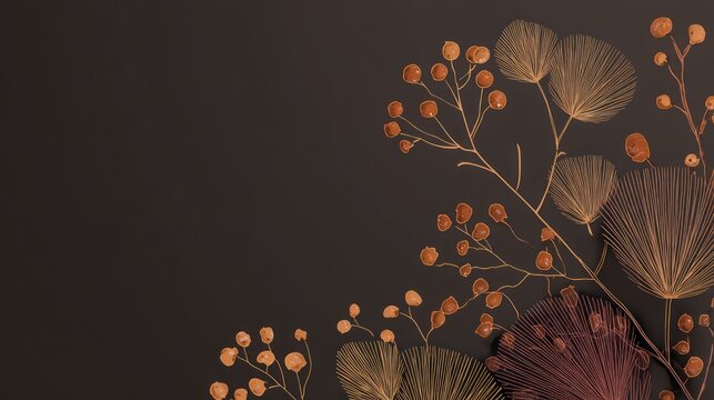 A brown and gold abstract floral design with a dark background, featuring a mix of leaves and berries in a modern, minimalist style. - Powered by Adobe