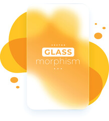 Glass morphism 3d phone mockup with blurred pink abstract background. Smartphone transparent glass screen with chat, call and payment vector.
