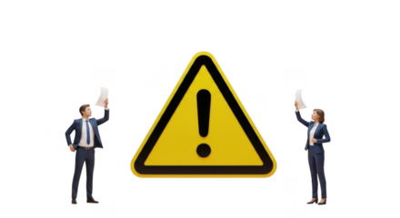 Business warning sign with two professionals raising hands isolated on transparent background