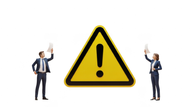 Business warning sign with two professionals raising hands isolated on transparent background