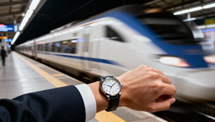 A person checks their wristwatch on a subway platform as a high-speed train speeds by with motion blur, symbolizing punctuality and travel.