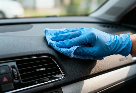 Person in blue latex glove wiping the interior car dashboard with a blue microfiber cloth, automotive cleaning.