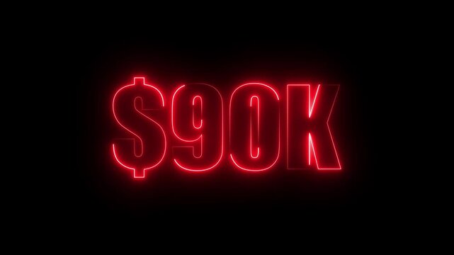 Red neon $90K number for finance and success themed animated.Perfect for financial video animation on backgrounds, digital currency, or futuristic money themes.