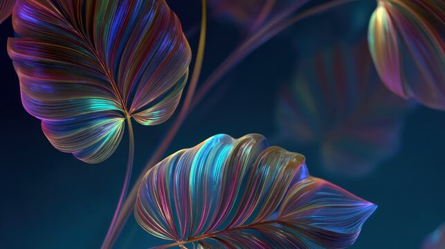 A vibrant, abstract digital artwork featuring a cluster of colorful, iridescent leaves with a gradient of rainbow hues, set against a dark, almost black background.