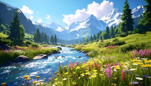 A vibrant valley scene with a clear river winding through lush green fields filled with wildflowers, leading to snow-capped mountains under a bright blue sky