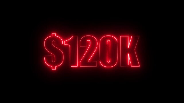 Red neon $120K number for finance and success themed animated.Perfect for financial video animation on backgrounds, digital currency, or futuristic money themes.