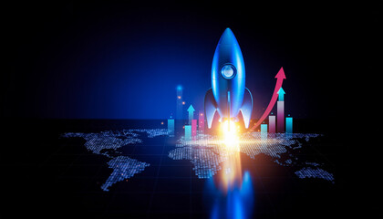A futuristic rocket soaring over a world map, symbolizing growth and technological advancement. A striking visual.