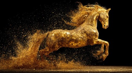 A golden horse with flowing mane and tail, captured in mid-motion against a black background, emitting a golden glow.