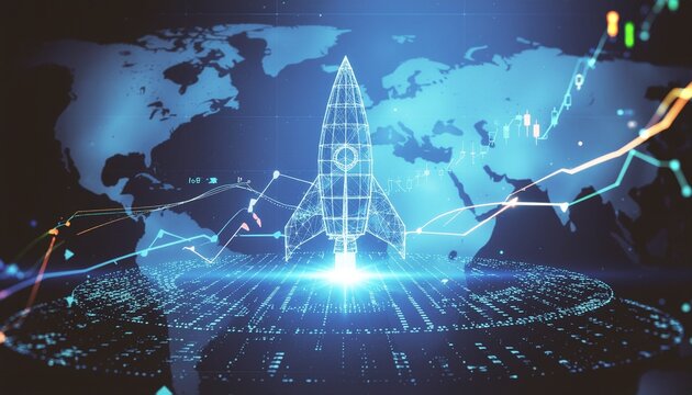Abstract illustration featuring a rocket ship, symbolizing growth over a world map, with digital lines, signifying business and technology advancements
