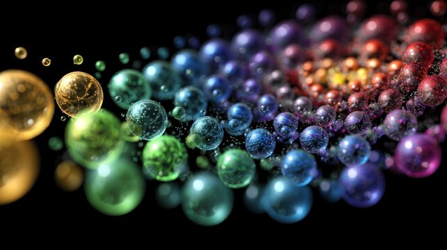 A colorful, abstract composition featuring a rainbow of spheres in various sizes and colors, 