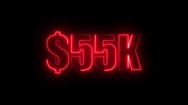 Red neon $55K number for finance and success themed animated.Perfect for financial video animation on backgrounds, digital currency, or futuristic money themes.
