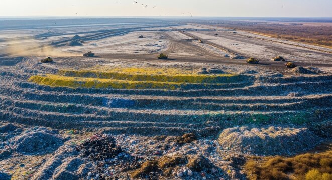 Aerial drone view of a massive open-air landfill with heavy machinery compacting and managing tons of household garbage on terraced mounds