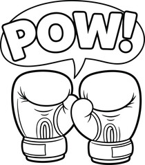 Boxing gloves bumping, comic style punch, POW speech bubble, black and white illustration, action impact, cartoon drawing, sport, energy