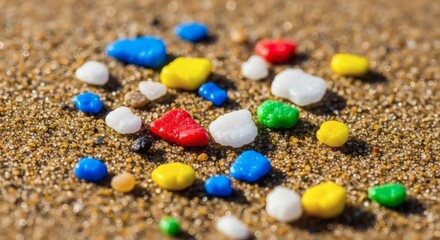 Colorful microplastic nurdles on a sandy beach, a symbol of ocean pollution and environmental contamination