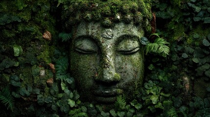 A serene stone Buddha statue surrounded by lush greenery, set against a dark, leafy background, evoking a sense of tranquility and meditation.