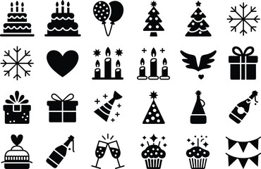 Celebration, party, birthday, festive, silhouette, icon, cake, cupcake, candle, gift, hat, balloon, snowflake, tree, heart, drink, champagne, bottle, flag, decoration, holiday