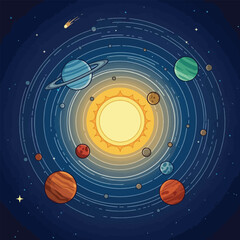 Colorful flat vector illustration of the solar system with planets orbiting the sun in space. © Farid
