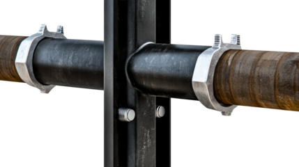 Metal pipe section secured by industrial clamps on white