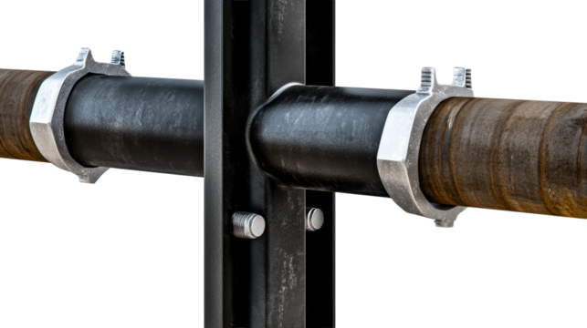 Metal pipe section secured by industrial clamps on white