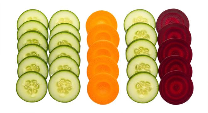 Overhead view of sliced cucumbers carrots and beets arranged in vertical rows against black background