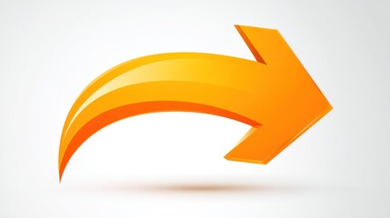 A bright orange arrow pointing right, with a glossy finish and a slight curve, set against a white background with a subtle shadow.