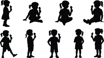 Children eating ice cream silhouette vector set, seated and standing poses, joyful summer treat illustration for stock content,