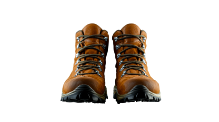 Pair of rugged brown leather hiking boots with textured laces