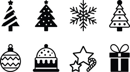 Christmas silhouette icons, holiday decoration, festive cake, gift box, candy cane, stars, snowflake, ornament, tree designs, vector art