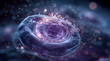 Obraz premium Hyper realistic macro of single probiotic bacterium depicted as glowing universe with swirling energy and star-like particles in deep blue violet tones 