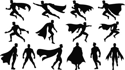 Superhero silhouette vector set, dynamic poses with cape in flight, action, and power stances for stock content, comic, fantasy,