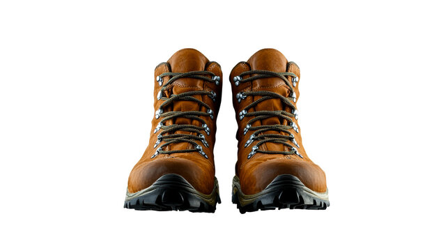 Pair of rugged brown leather hiking boots with textured laces