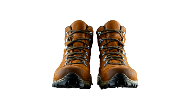 Pair of rugged brown leather hiking boots with textured laces